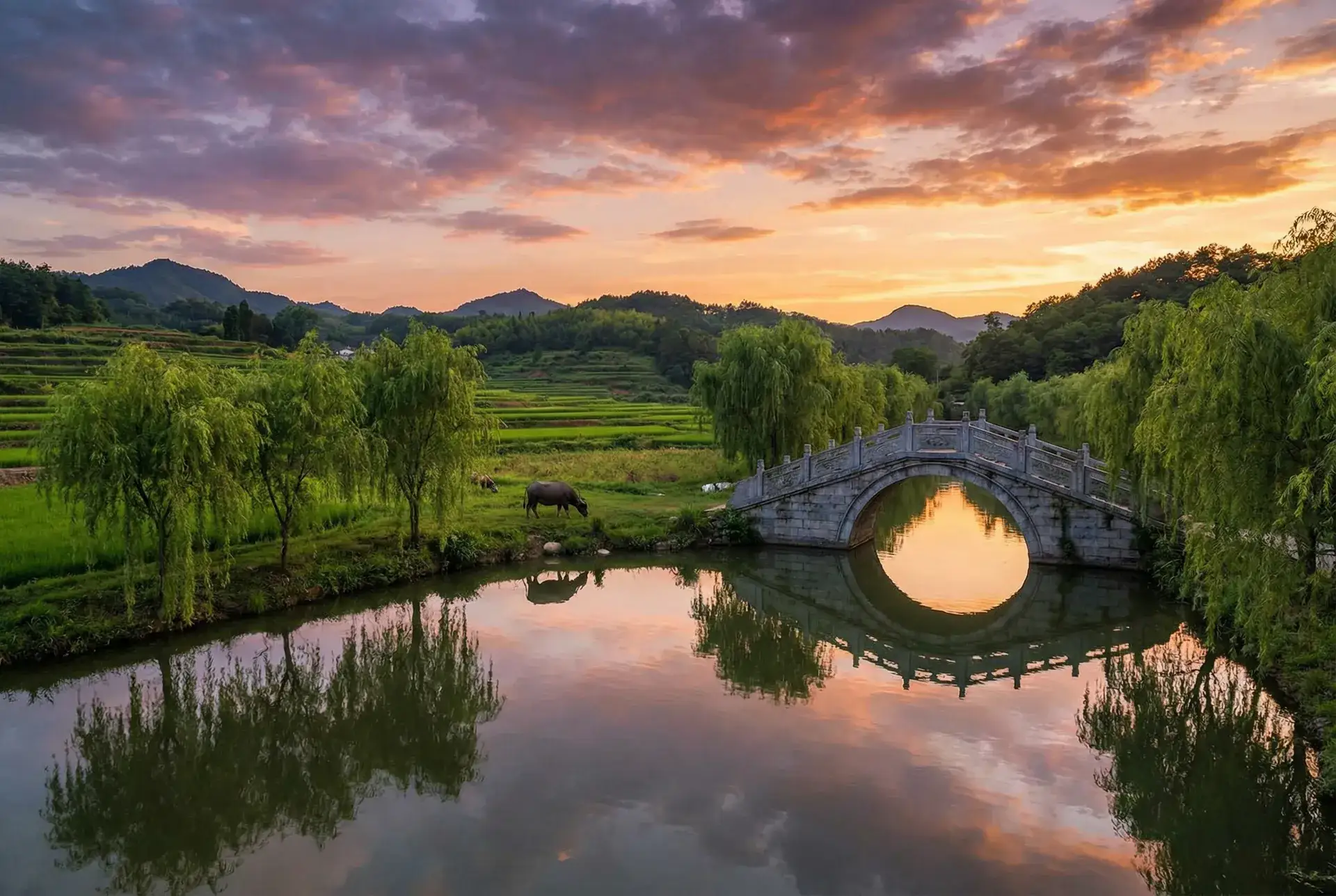 夕阳下的石拱桥与垂柳，水牛在河边吃草 - 宝坻新闻 乡村美景